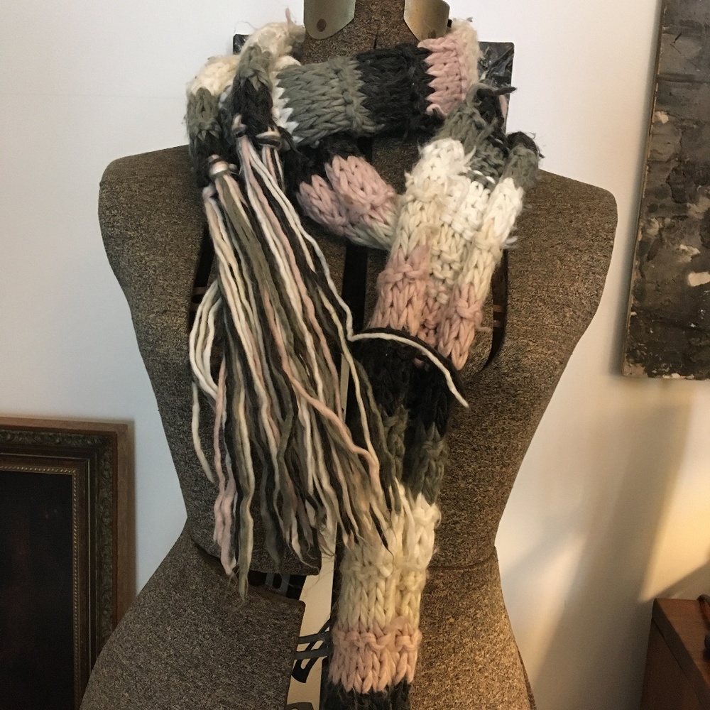 Long striped funky scarf - pink, gray, w/mittens